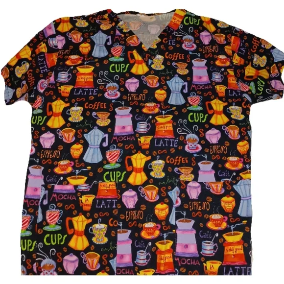 Banana Scrub Top with Coffee Cup Print